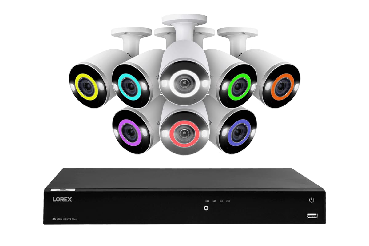 Lorex Fusion 4K (16 Camera Capable) 4TB Wired NVR System with 8 Bullet Camera Featuring Smart Security Lighting and 2-Way Audio