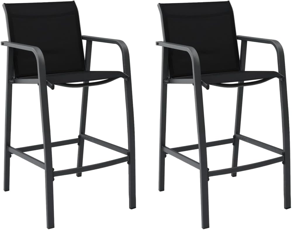 Set of 2 Black Steel Textilene Bar Chairs Outdoor Patio Garden Furniture, Modern Lightweight Weather Resistant Comfy Bar Height Chairs with Cushioned Seat for Garden Patio Balcony