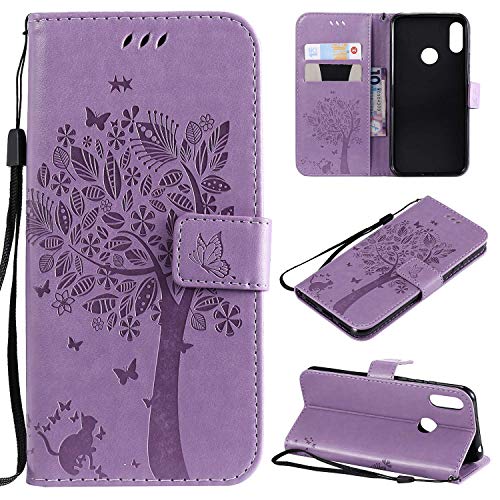 Zicgxin Funda para Huawei Y6 2019/Honor 8A con Tapa | Carcasa Libro Árbol | Magnético, Tarjetas + Soporte (Gato-Morado, Huawei Y6 2019/Honor 8A)