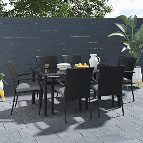 Cosco Outdoor Living Lakewood Ranch Steel Woven Wicker Stacking Dining Chairs With Cushions, 6-Pack, Black And Gray #TOP4
