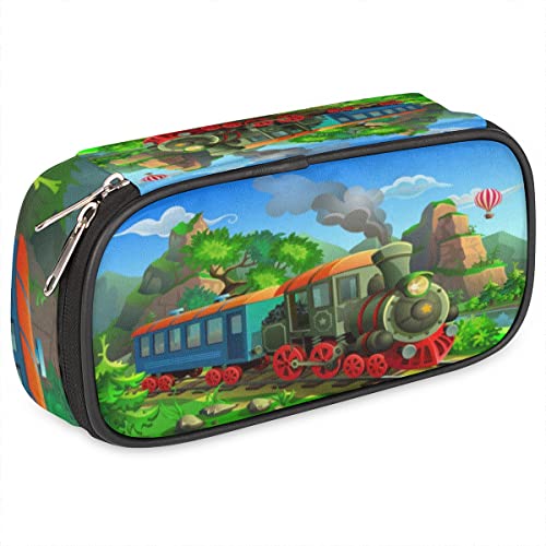 Image of Pardick Vintage Steam Train Big Capacity Pencil Pen Case Cute Steam Train Large Pencil Pouch with Zipper Compartments Pencil Bag for Boys Girls Adults Student Office School Supplies