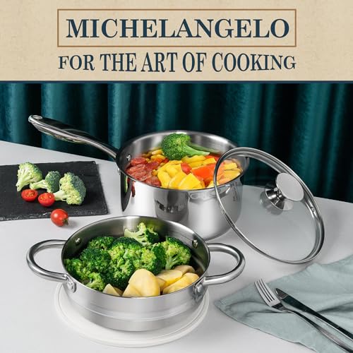 Image of MICHELANGELO 3 Quart Saucepan with Lid & Steamer, Stainless Steel Sauce Pan with Triply Bottom, 3 QT Sauce Pot, Nonstick Saucepan Induction Compatible