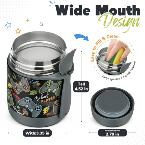 Image of 10oz Soup Thermo for Hot Food Kids,Lunch Thermo Kids Food Jar with Spoon Hot Insulated Food Containers,Leak Proof Stainless Steel Wide Mouth Lunch Food Thermo Jar for School(Black-Game Console)