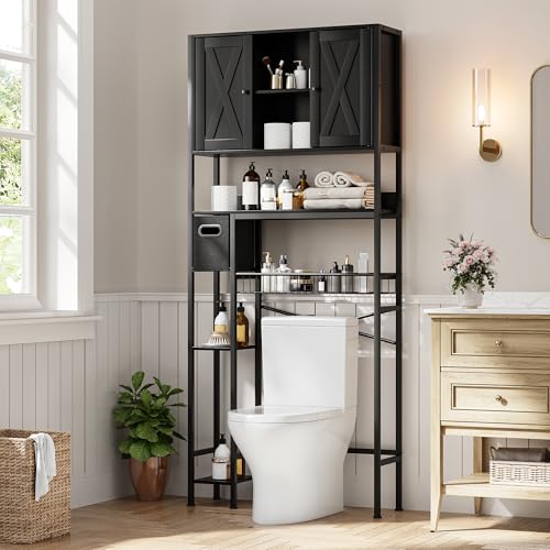 IDEALHOUSE Over The Toilet Storage Cabinet - 2-Door Design Bathroom Organizers Shelf, Freestanding Space-Saver Above Toilet Storage Cabinet with Toilet Paper Holder, Water-Resistant Toilet Shelves