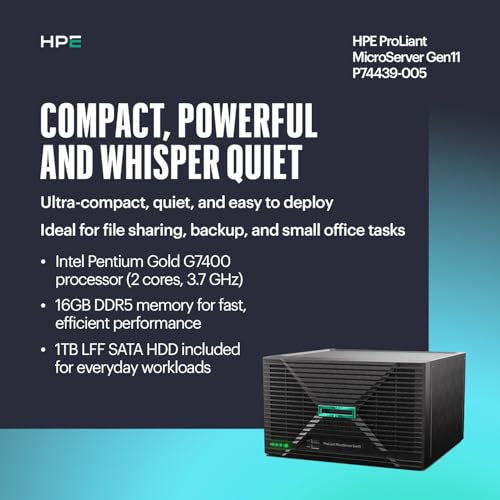 Image of Hewlett Packard Enterprise ProLiant MicroServer Gen11 Tower Server, Intel Pentium Gold G7400 Processor, 16GB Memory, 1TB HDD Storage, External 180W US Power Supply (HPE Smart Choice P74439-005)