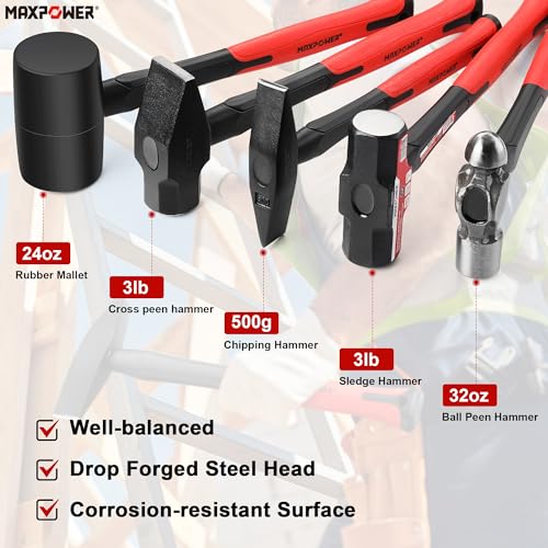 Image of MAXPOWER 5-Piece Hammer Set - 3LB Sledge & Cross Peen, 500g Chipping, 32oz Ball Peen & 24oz Rubber Mallet