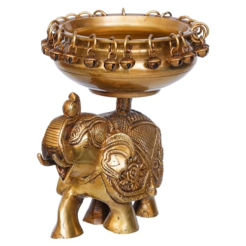 Image of eCraftIndia Golden Brass Urli on Elephant Statue with Bells| Urli for Floating Flowers Decorative Showpiece Brass for Home Decor Office | Diwali Decoration Items | Gift for Housewarming Birthday