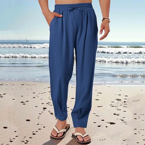Men's Casual Linen Pants Elastic Waist Drawstring Beach Summer Pants Lightweight Linen Stylish Ankle Banded Trousers2