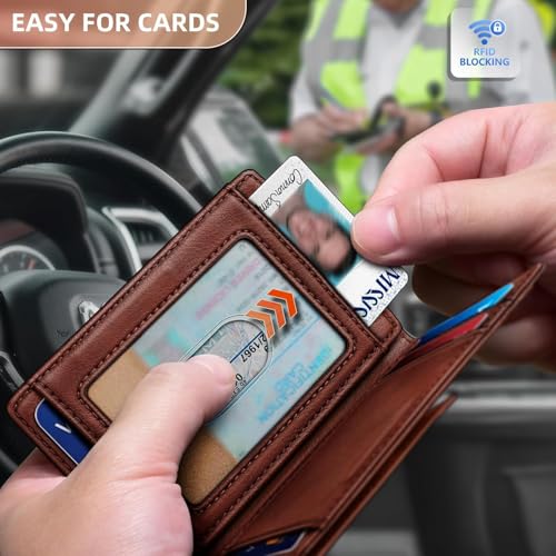 Image of Contacts RFID Blocking Magnetic Closure Slim Genuine Leather Front Pocket Wallet for Men Holds up to 12 Cards Including 1 ID Window Along with Money Clip (Brown)
