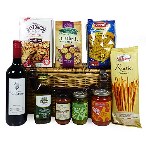 Vino tinto puro italiano 750ml y Gourmet Treats 'Taste of Italy' Cesta de regalo de mimbre - Ideas de regalos para cumpleaños, bodas, aniversarios y corporativos