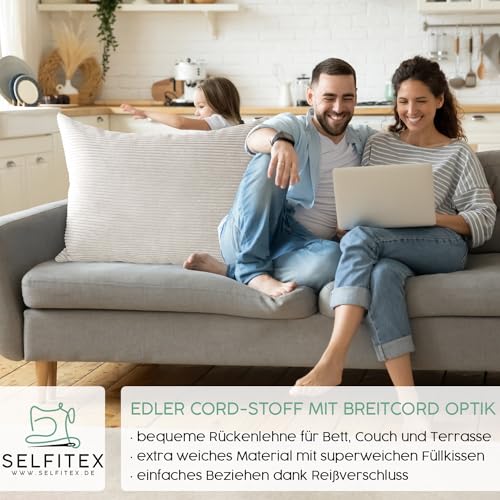 Selfitex XXL Breitcord Sofakissen 60x80 cm, Couchkissen mit Füllung und Bezug, edler Cord Stoff, extra weich und dekorativ, modische Breit Cord Optik, superweiche Kissen, Moderne Farben (Beige)
