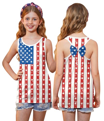 Image of 4th of July Girls Flag Tank Top Back Bow Sleeveless Patriotic Holidays T-Shirt 4-14 Years
