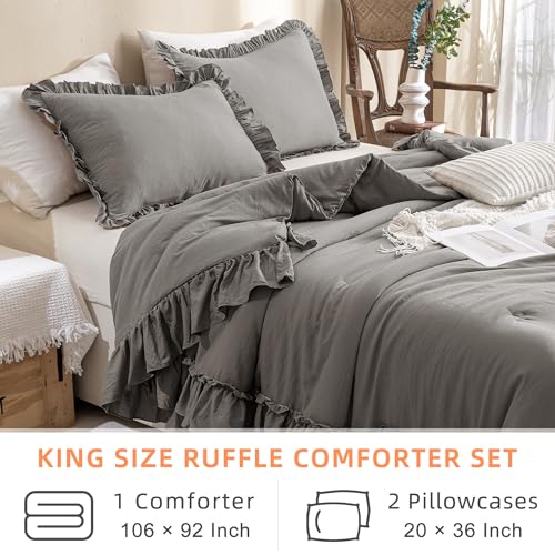 Image of QSH Gray Ruffled Comforter Set King Size（106x92inches）, 3pcs Shabby Farmhouse Boho Chic Bedding Comforter Sets, Ultra Soft Lightweight Microfiber Inner Fill Grey Fluffy Vintage Comforter for Bed