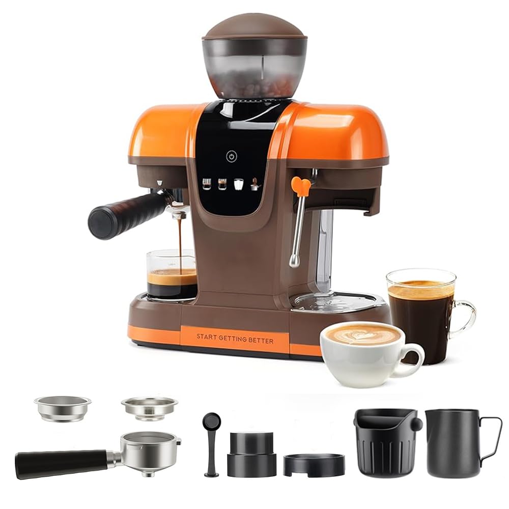 RECAFIMIL19 Bar Espressomaschine mit Bohnenmühle, 2-in-1-Kaffeemaschine, Cappuccino- und Latte-Zubereiter mit Milchaufschäumer, Touchpanel, abnehmbarer Wassertank (Orange)