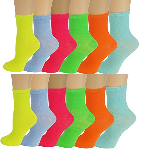 Ayla 12 Pairs Pack Kids Girls Colorful Creative Fun Novelty Design Crew Socks (4-6, Assorted Solid)