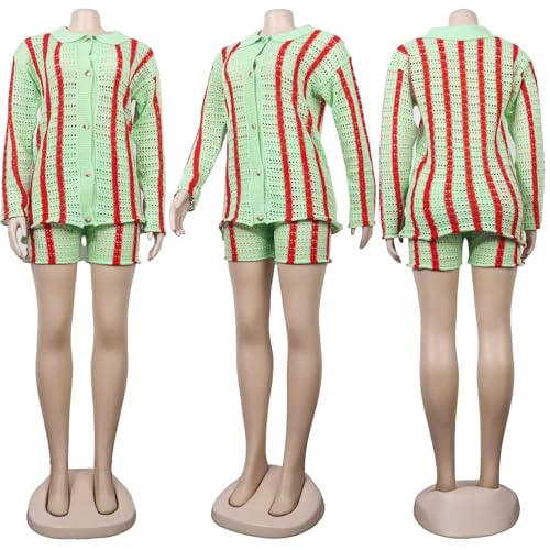 Image of Womens Fashion Stripe Knit Sweater Cardigan 2 Piece Outfits,Long Sleeved Woollen Cardigan and Shorts Suit