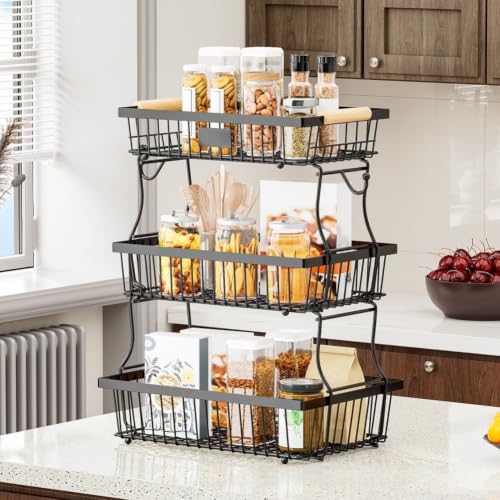 Cesta de frutas de 3 niveles desmontable con mango de madera para ahorrar espacio 4