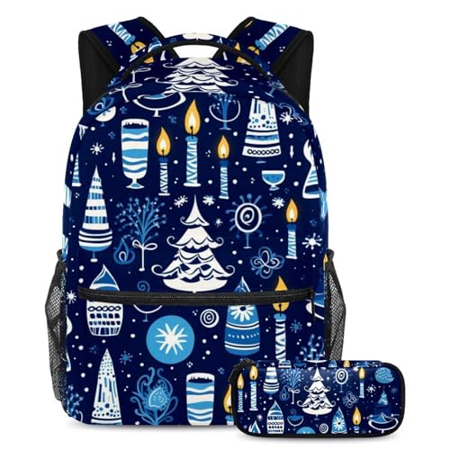 Cartables Hanoukka avec trousse - Lot de 2 grands sacs d'école bleus pour ados