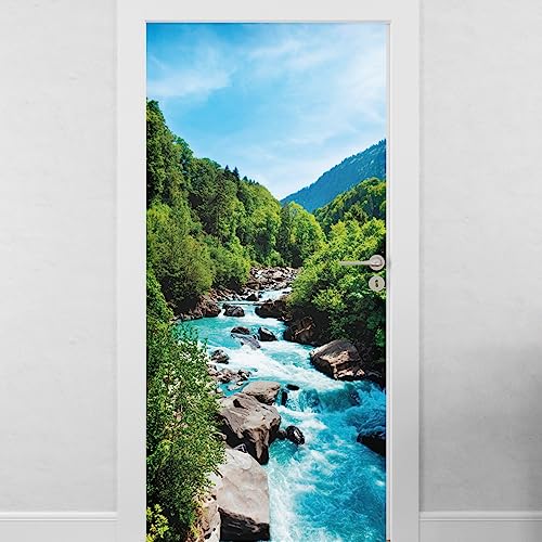 Sticker Porte Paysage Montagne Riviere - Sticker muraux porte En Trompe l'Oeil - Autocollant mural décoration - Autocollant Porte - Poster de Porte - Stickers...