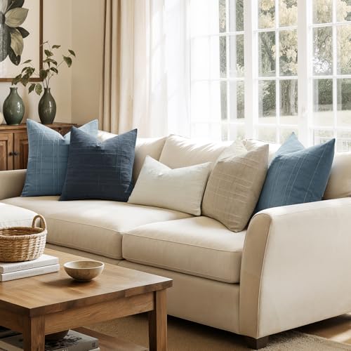 Image of MIULEE Decorative Linen Check Euro Shams Throw Pillow Covers Neutral Farmhouse Vintage Pillow Covers 22x22 Set of 2 Boho Modern Home Decor for Sofa Couch Bedroom Cushion Deep Blue