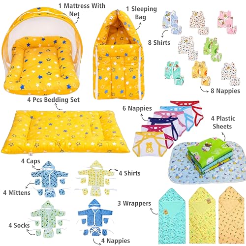 Image of Infantbond 56 in 1 Baby Products All New Born Combo | Gift Set | Baby Essentials | Hospital Kit | Baby Clothes | Maternity Essentials | Infant Essentials | Baby Shower | Complete Daily Items Combo(0-6 Months) (Star) (Yellow for Baby Boy & Baby Girl)