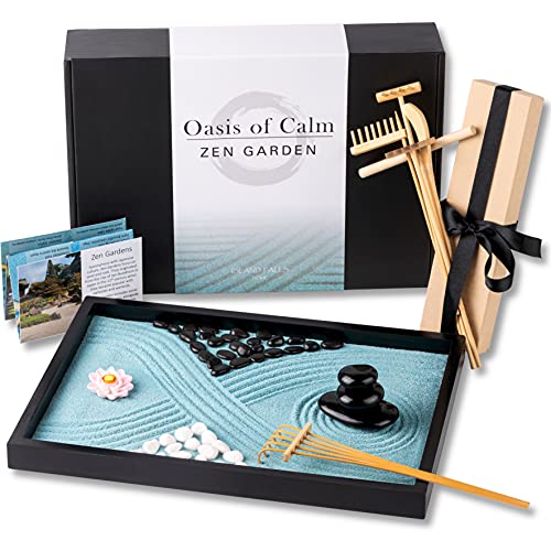 Oasis of Calm Zen Garden Kit. 11×8 Inch Beautiful Premium Japanese Decor Mini Meditation Gifts Set. Home, Office Desk Accessories. Zen Decor Sand Garden. Aqua Blue Sand, 6 Tools, 6 Features incl rocks