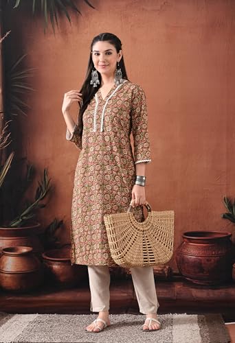 Image of Ichaa Women's Pure Cotton A-Line Ethnic V-Neck Kurta with 3 /4th Sleeve for Daily and Office Wear, in Plus Sizes