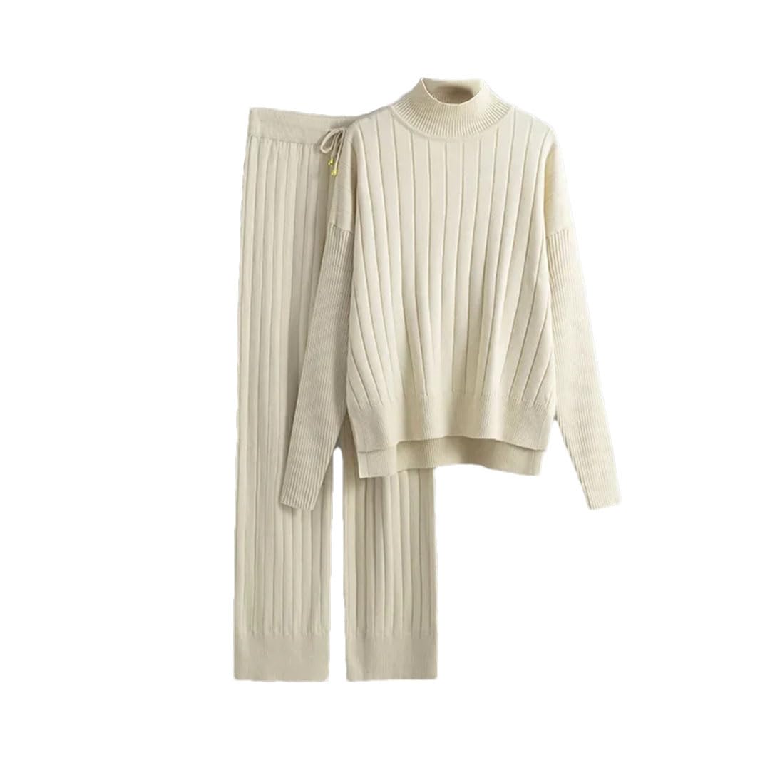 Donne Mezzo Dolcevita Manica Lunga Maglione Pullover Conjuntos Maglia Spessa Set 2 Pezzi Pantaloni Della Tuta A Vita Alta Abiti, Beige, L