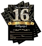 JT Studios 25 Sweet Sixteen Black Double-sided 5x7 Party Invitations Kit with Gold Metallic Pen and Envelopes