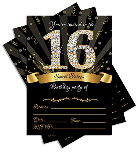 25 Sweet Sixteen Black Double-sided 5x7 Party Invitations Kit with Gold Metallic Pen