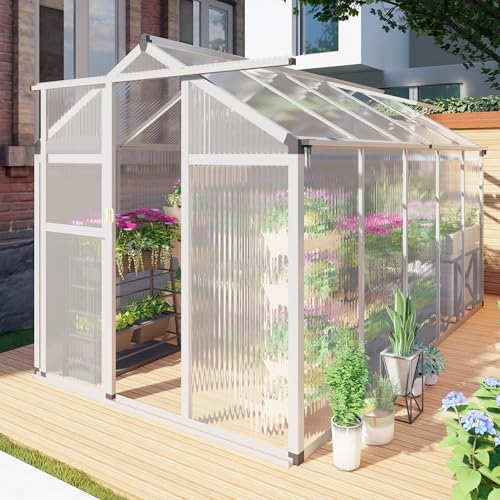 6 x 10 FT Greenhouse for Outdoors Polycarbonate Garden Backyard Greenhouse with Adjustable Roof Vent Aluminum Large Walk in Greenhouse Silver