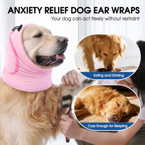 Image of No Shake Ear Wraps for Dogs, Dog Ear Cover with SoundProof Pads | Anxiety Relief Dog Head Wrap for Hematoma Wound, Adjustable Pet Calming Hoodie Ear Muffs Noise Protection, Pink M