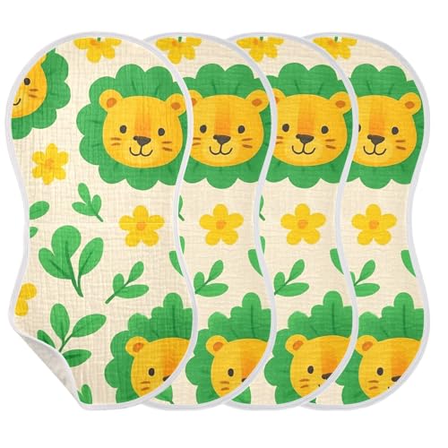 4 Pack Baby Burp Cloths, Soft Absorbent Burping Cloths for Babies, Cotton Milk Spit Up Rags, Large Size for Newborns, Baby Boys and Girls (Cartoon Green Lions)