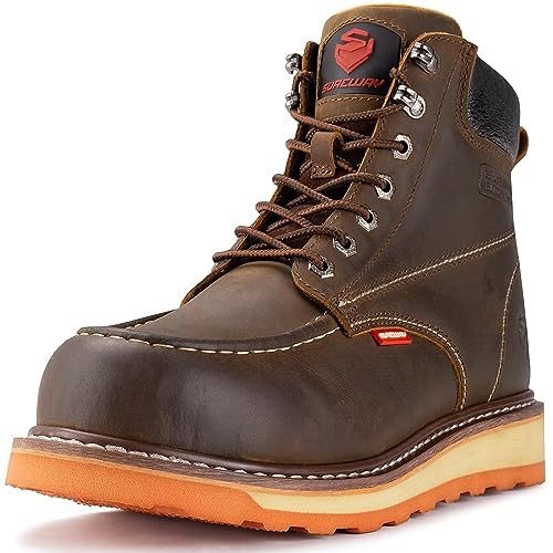 SUREWAY Mens Heavy Duty Soft/Composite/Steel Toe Work Boots for Men-Comfortable,Goodyear Welt,Full Grain Leather,6 in Wedge Moc Toe Construction Boots/Shoes,Soft Toe Brown,Size 8.5
