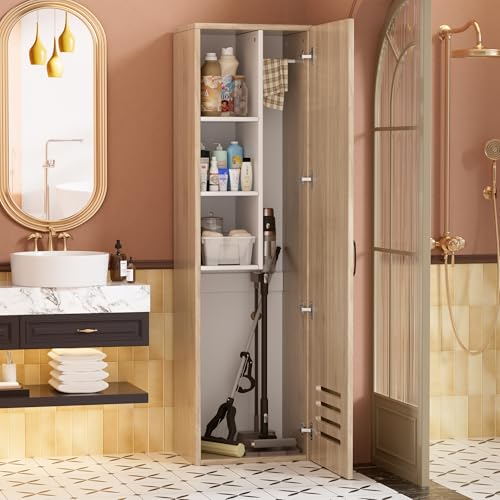 Armadietto per Scopa e Paletta,Armadio per Scope, Pratico Armadio per Aspirapolvere con Ripiani e Asta, Ventilazione,Armadietto per la Pulizia in Legno,Mobile Porta Scope,160*40*30cm,Colore del legno