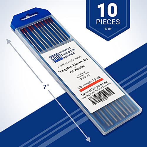 Image of Midwest Tungsten Service TIG Welding Tungsten Electrodes 10-Pack (Red - 2% Thoriated Tungsten (WT20 /EWTh-2), 1 /16 inch)