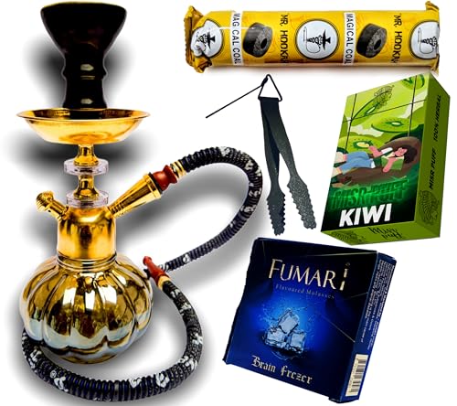 Image of Luxury Glass Hookah, 0% Tobacco & 0% Nicotine - 10 inch, Gold-Plated Stem with Tinted Glass Base, Black Hose (Full Set Combo)