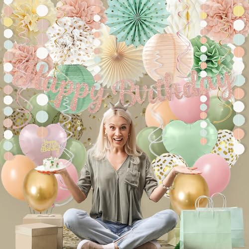 Image of Sage-Green Blush-Pink Birthday Decorations for Women Girls, Cream Light Beige Happy Banner, Paper Lanterns Pom Poms, Olive Green Dusty Pink Balloons, Boho Fairy Anniversary Princess Party Decor