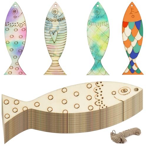 36 peças de recortes de decoração de peixes de madeira, 4 estilos de artesanato em madeira de bricolage para pintar formas para vários amantes de decorações de animais