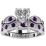 Jeulia 3 Carat CZ Solitaire Engagement Rings Halo Milgrain Heart Cut Sterling Silver Ring Set Promise Engagement Wedding Anniversary Rings Bridal Sets for Women (Purple, 7)