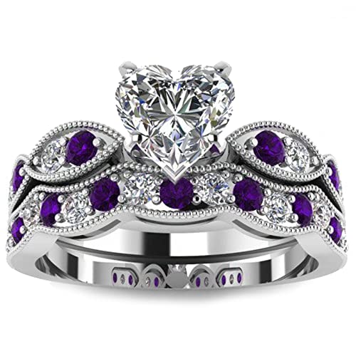 Image of Jeulia 3 Carat CZ Solitaire Engagement Rings Halo Milgrain Heart Cut Sterling Silver Ring Set Promise Engagement Wedding Anniversary Rings Bridal Sets for Women