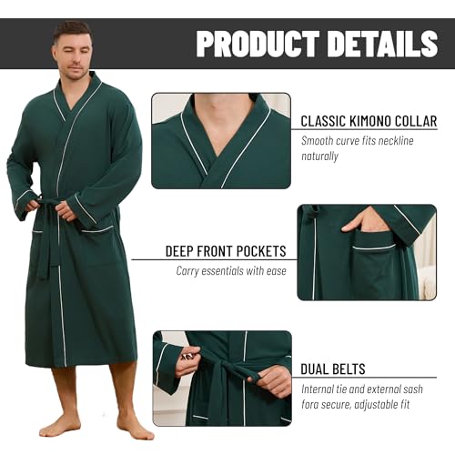 U2SKIIN Men's 100% Cotton Lightweight Robe, Soft Breathable Bathrobe with Pockets, Classic Kimono Spa Robe for Men3