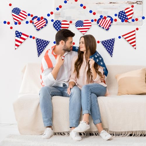 Image of Doumeny 3Pcs Independence Day Felt Garland Patriotic Heart Felt Banner American Flag Pennant Bunting USA Red White and Blue Pompom Bunting 4th of July Party Banner for Home Wall Mantel Fireplace Decor