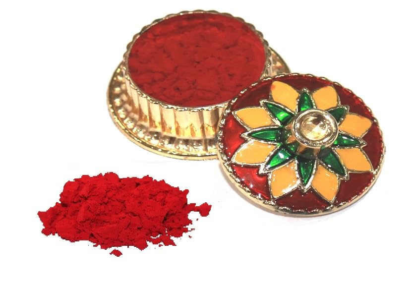 Image of Indian Dark Red Pure Kumkum Powder (Sindoor, Kumkuma, Kum Kum) For Makeup, Pooja And Other Hindu Rituals (Fancy Box 1)