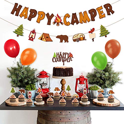 Levfla Happy Camper Party Decoration Kit Banner Cake Topper Balloons Kids Backyard Camp Out Birthday Photo Props Favor Campfire Tent S'more Fun Adventure Party Ideas #TOP5