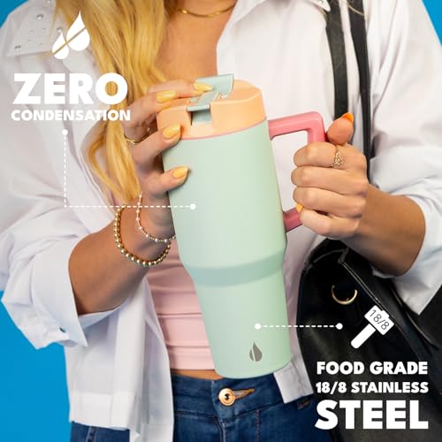 Image of Elemental 100% Leak Proof 32oz Tumbler with Handle & Straw Travel Mug | Stainless Steel Double Wall Insulated Tumbler for Hot and Cold Beverages with Sip & Straw Lid