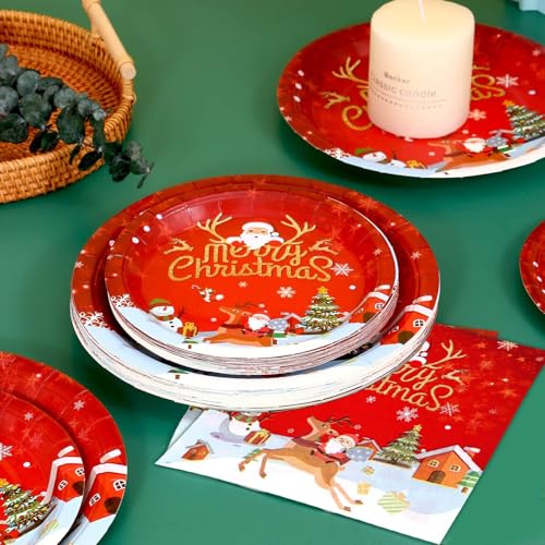 Christmas Paper Plates and Napkins Set, Christmas Plates Cups Napkins Forks Tablewares Party Supplies Serve 24 – Image 7