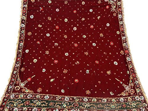 Vintage Nuziale Indiano Dupatta Rilievo Pesante Tessuto Wedding Maroon Wrap Veil Stola