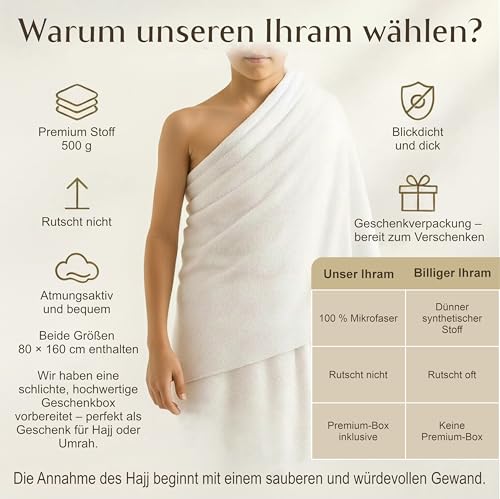 Ihram Kleidung Männer Umrah & Hajj – 1300 g – Weich & Hautfreundlich – Nimmt keine Gerüche auf & Kein Reiben