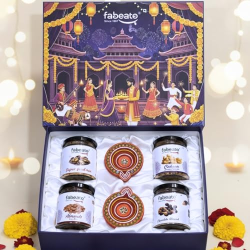 Image of Fabeato Premium Special Variety of Flavoured Nuts Mixed Dry Fruits Diwali Festive Gift Box for 420g and with two Elegant Diyas| Perfect Diwali Gift for Loved ones| Corporate Gifts| All Occasion Gift Box Hamper